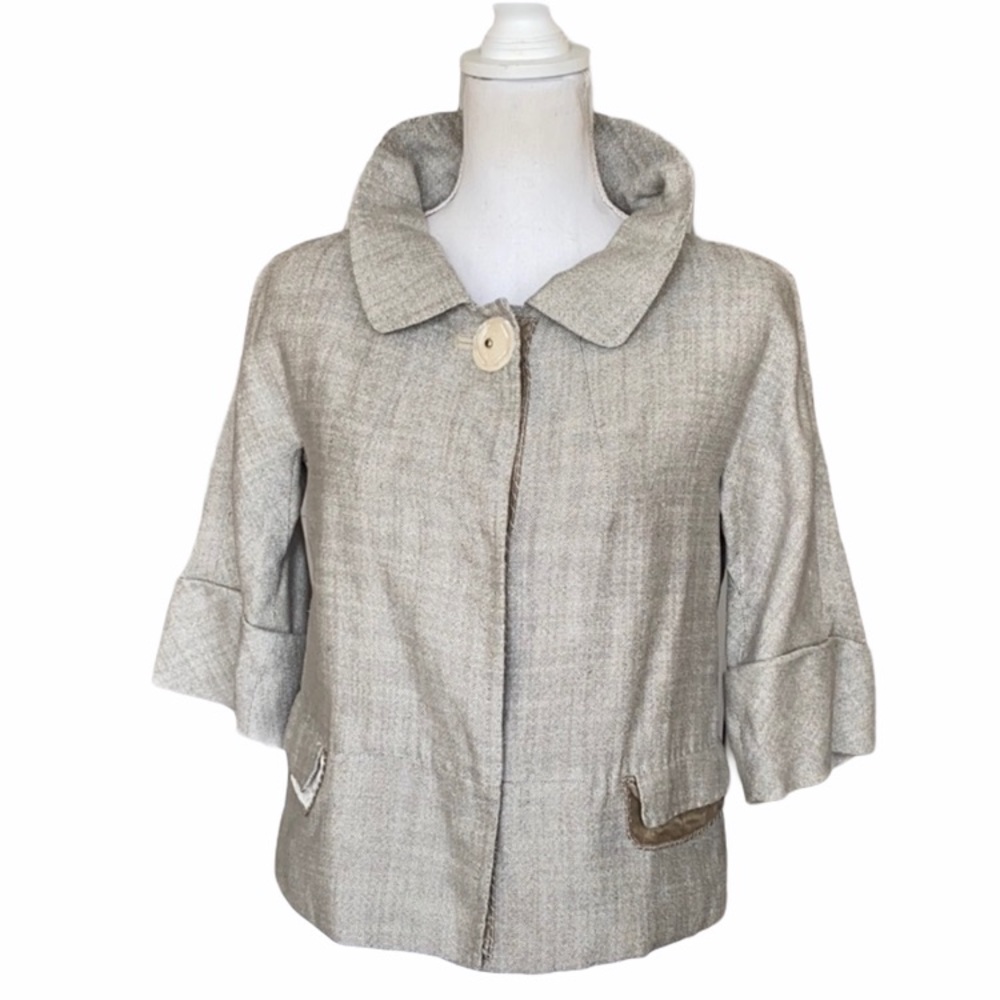 6267 Designer Light Grey Linen & Silk Cropped Jacket Women's Size 4
